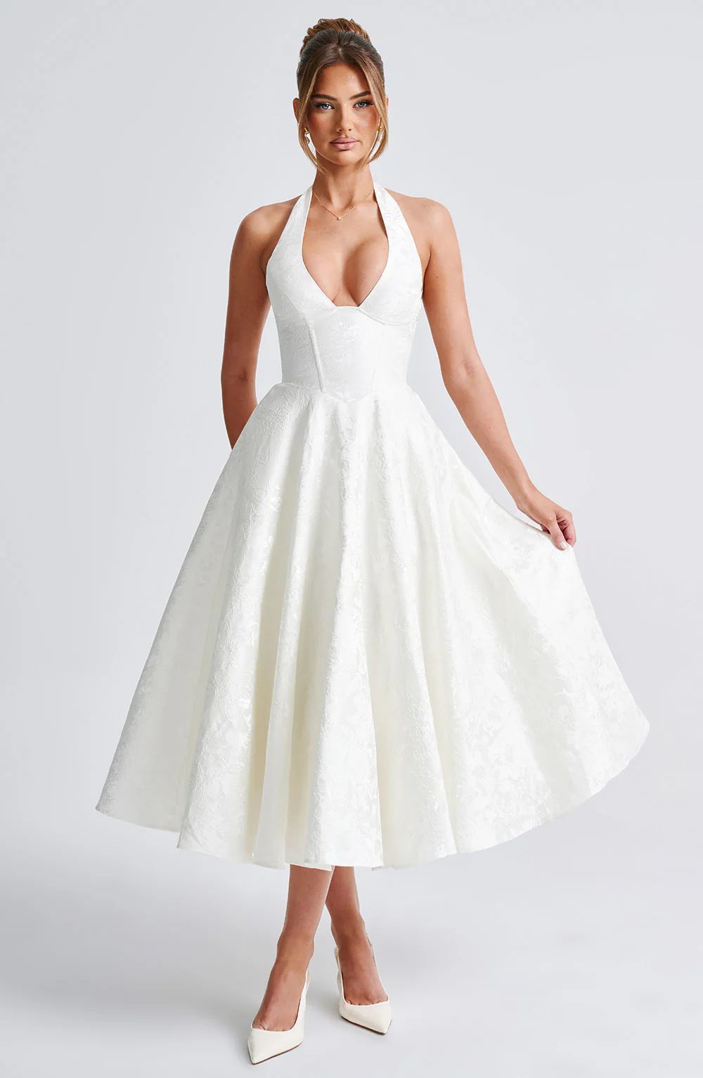 V-neck Halter Sleeveless Jacquard Lace-up Dress