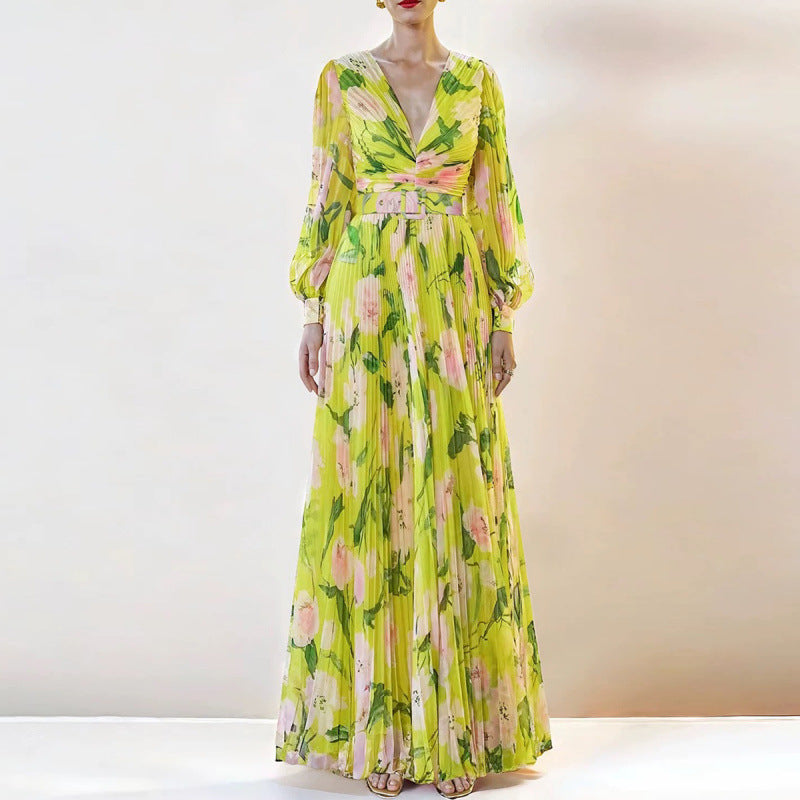 French Style Floral Slim-fitting Pleated Floral Skirt