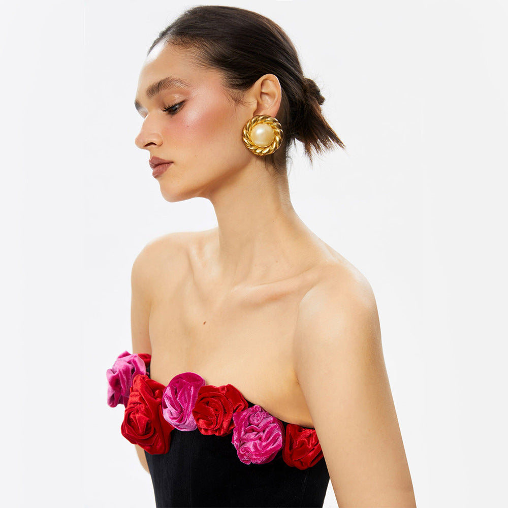 Tube Top Flower Decoration Contrasting-color Dress