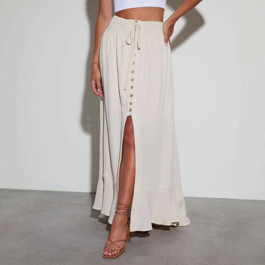 Solid Color Lace-up Waist-slimming Long Dress