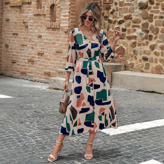 V-neck Printed Belt Dress