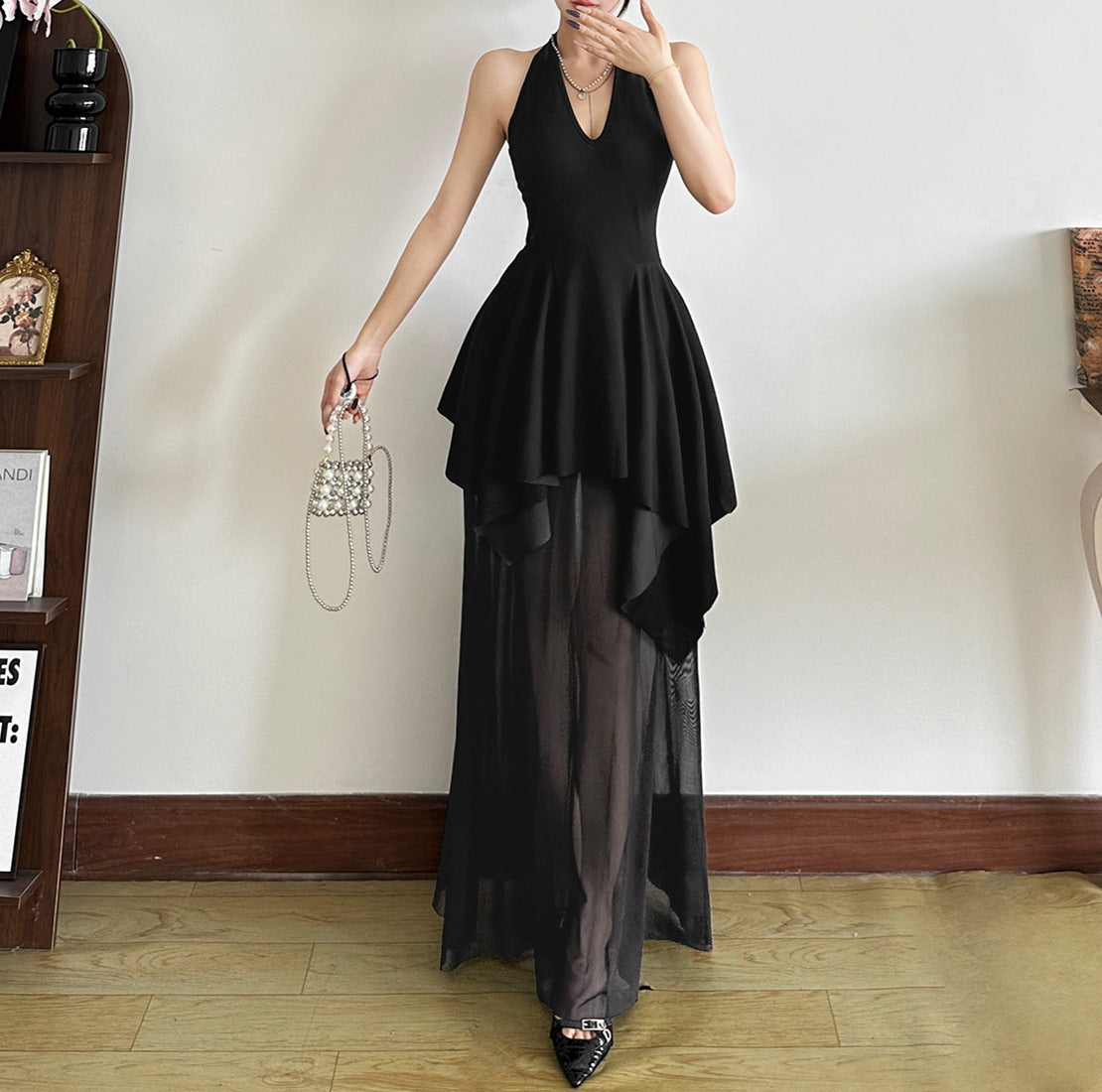 V-neck Backless Girdle Mesh Stitching Design Dress