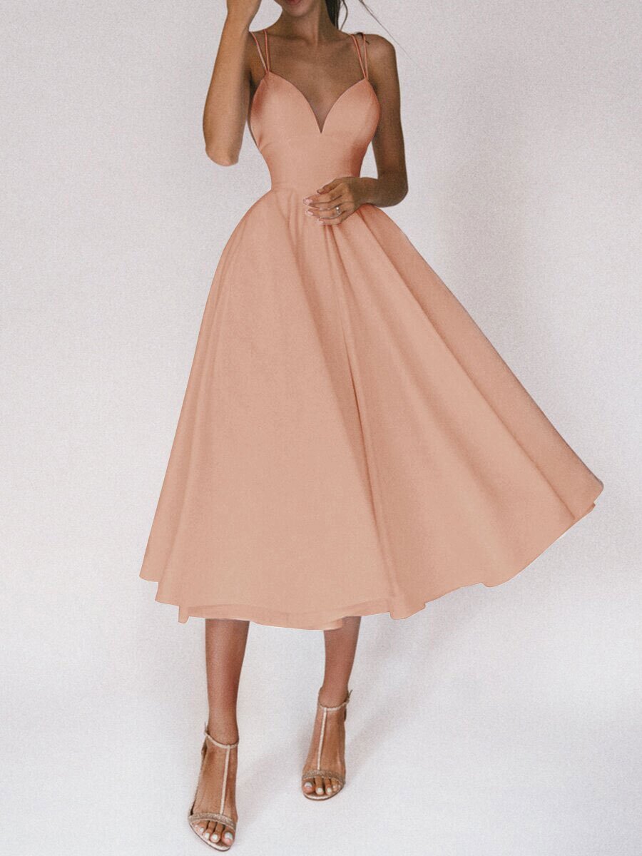 Solid V-neck Suspender Dress