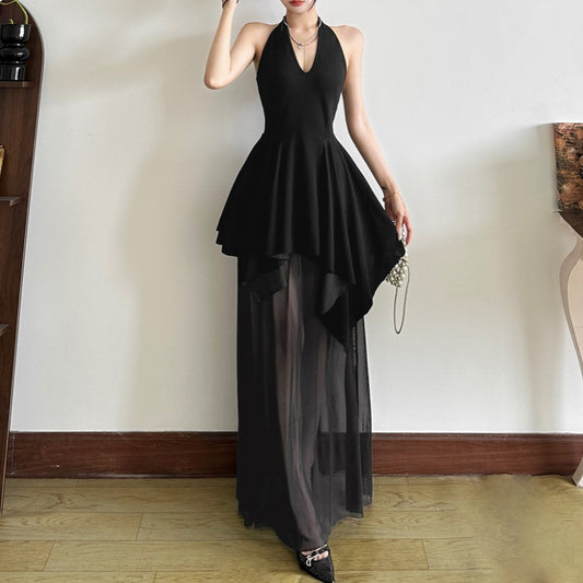 V-neck Backless Girdle Mesh Stitching Design Dress