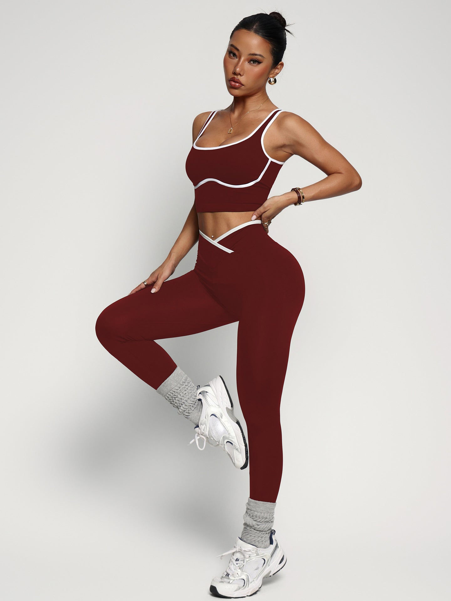M Chic Boutique gym and yoga two-piece activewear set featuring matching top and leggings in breathable fabric.