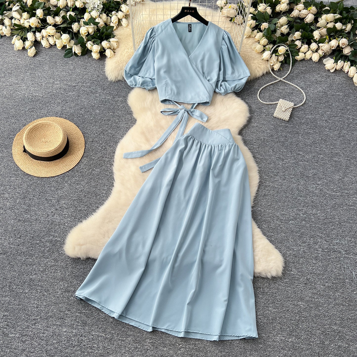 V-neck Puffed-sleeve Shirt Skirt Set