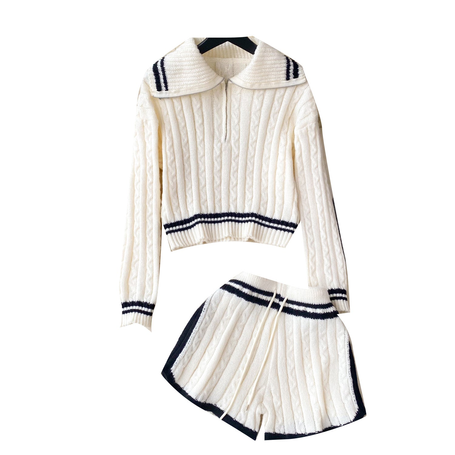 Breasted-collar striped sweater and shorts set in soft fabric by M Chic Boutique, displayed on a neutral background.