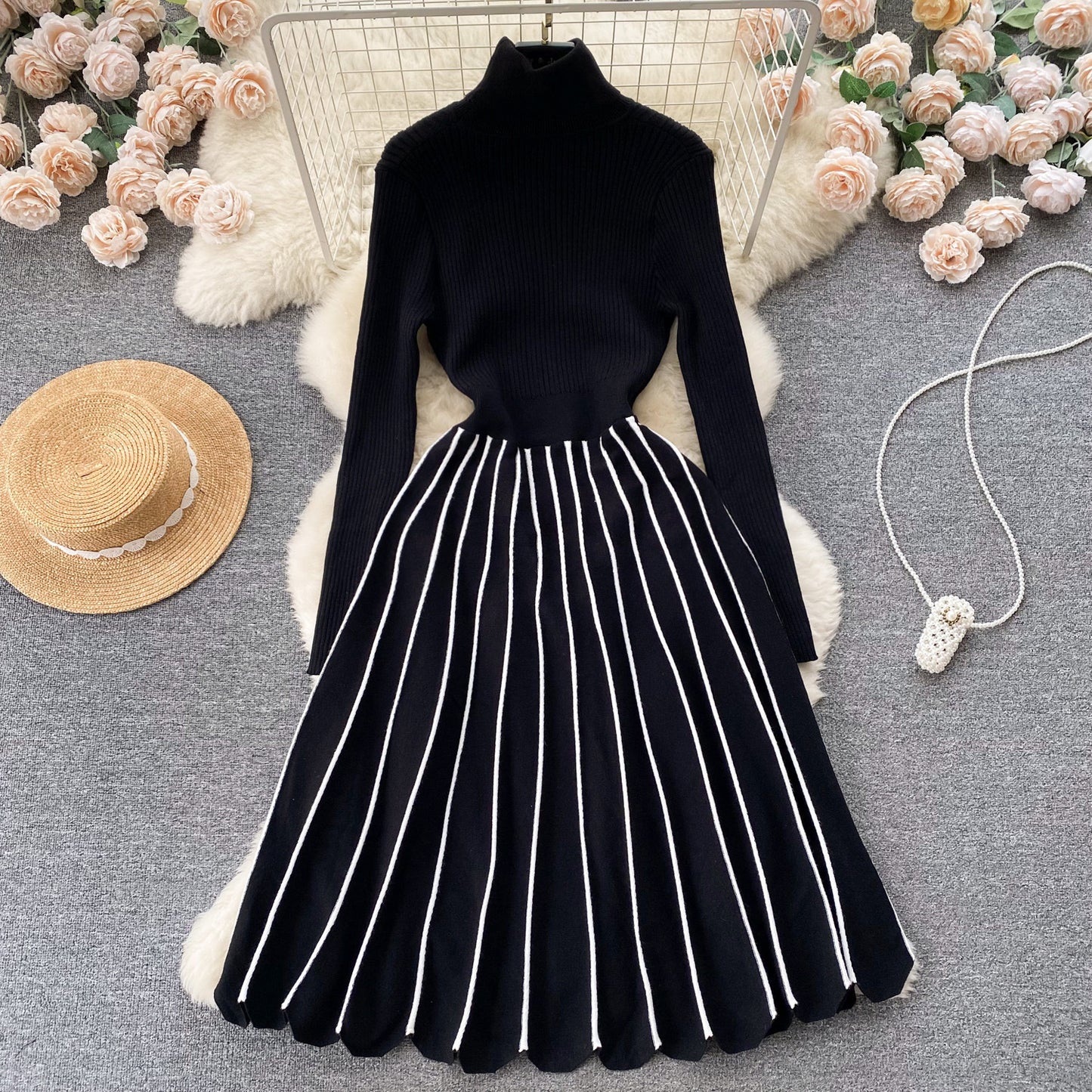 Retro Socialite Style Striped Knitted Dress