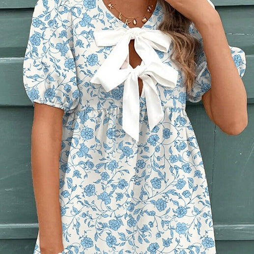 Summer Floral Print Bow Dress