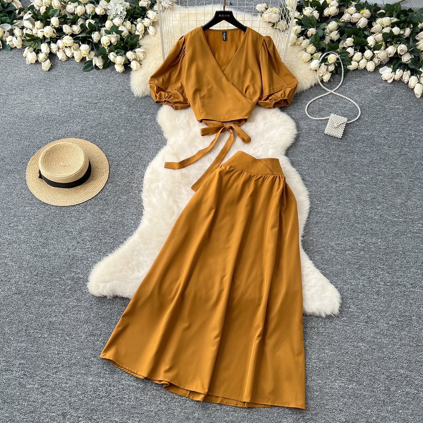 V-neck Puffed-sleeve Shirt Skirt Set
