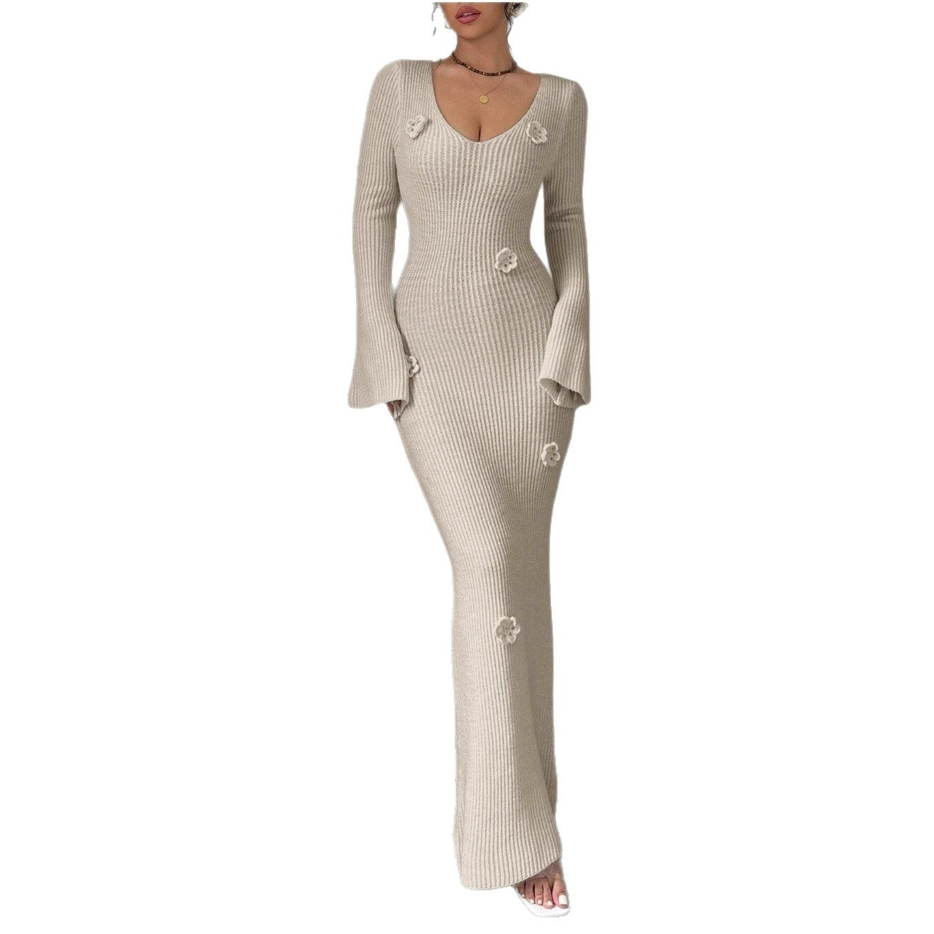 V-neck Waist Trimming Knitted Dress