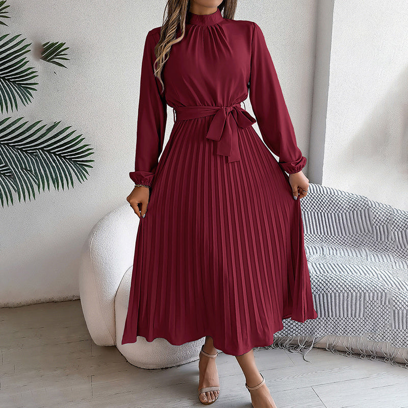 High Neck Long Sleeve Pleated Maxi Dress