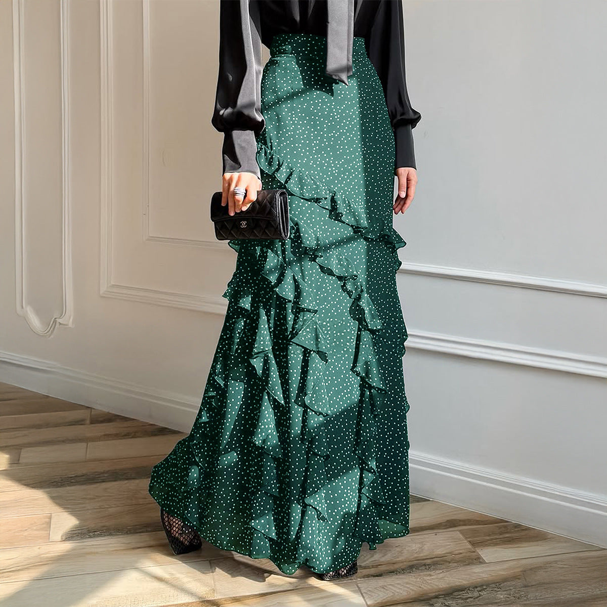 Polka-dot lace long skirt by M Chic Boutique, featuring a flowy design and intricate lace detailing.