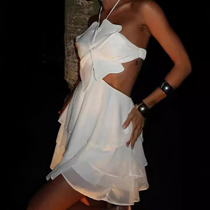 White Halter Flowers Backless Dress