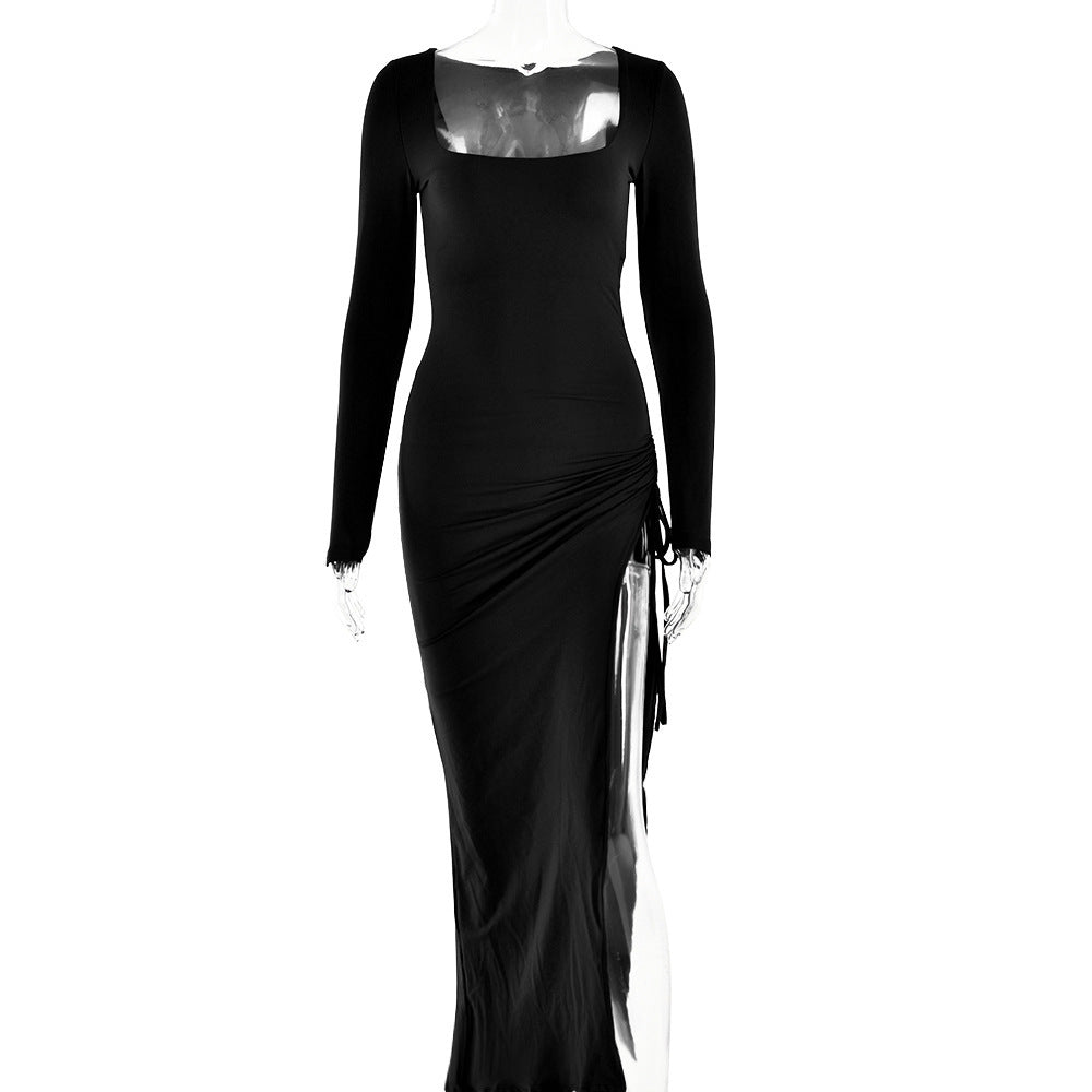 Square-neck Split Long Sleeve Stitching Drawstring Design Long Dress
