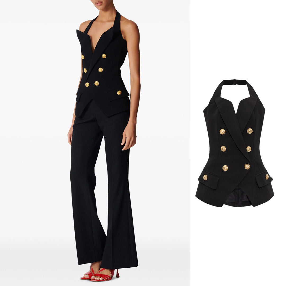 Double breasted sling vest in a tailored suit style, featuring a sleek design by M Chic Boutique.