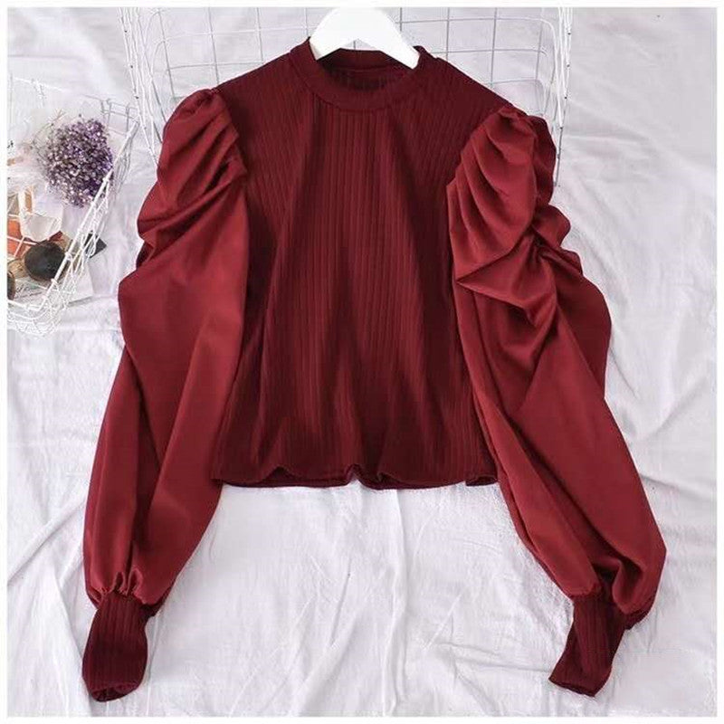Solid-Color French-Style Designer Puff-Sleeve Shirt - M Chic Boutique