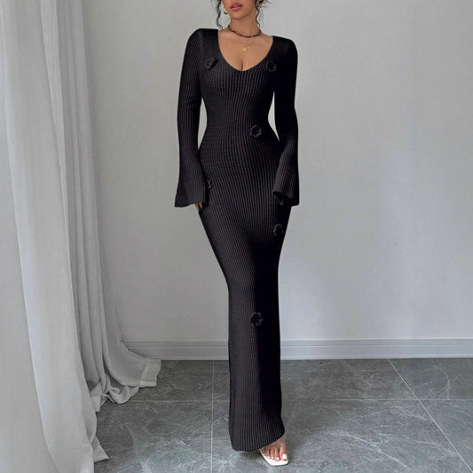 V-neck Waist Trimming Knitted Dress