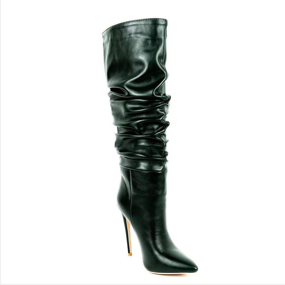 M Chic Boutique pleated pointed toe stiletto boots, stylish shoes in black with sleek design and high heels.