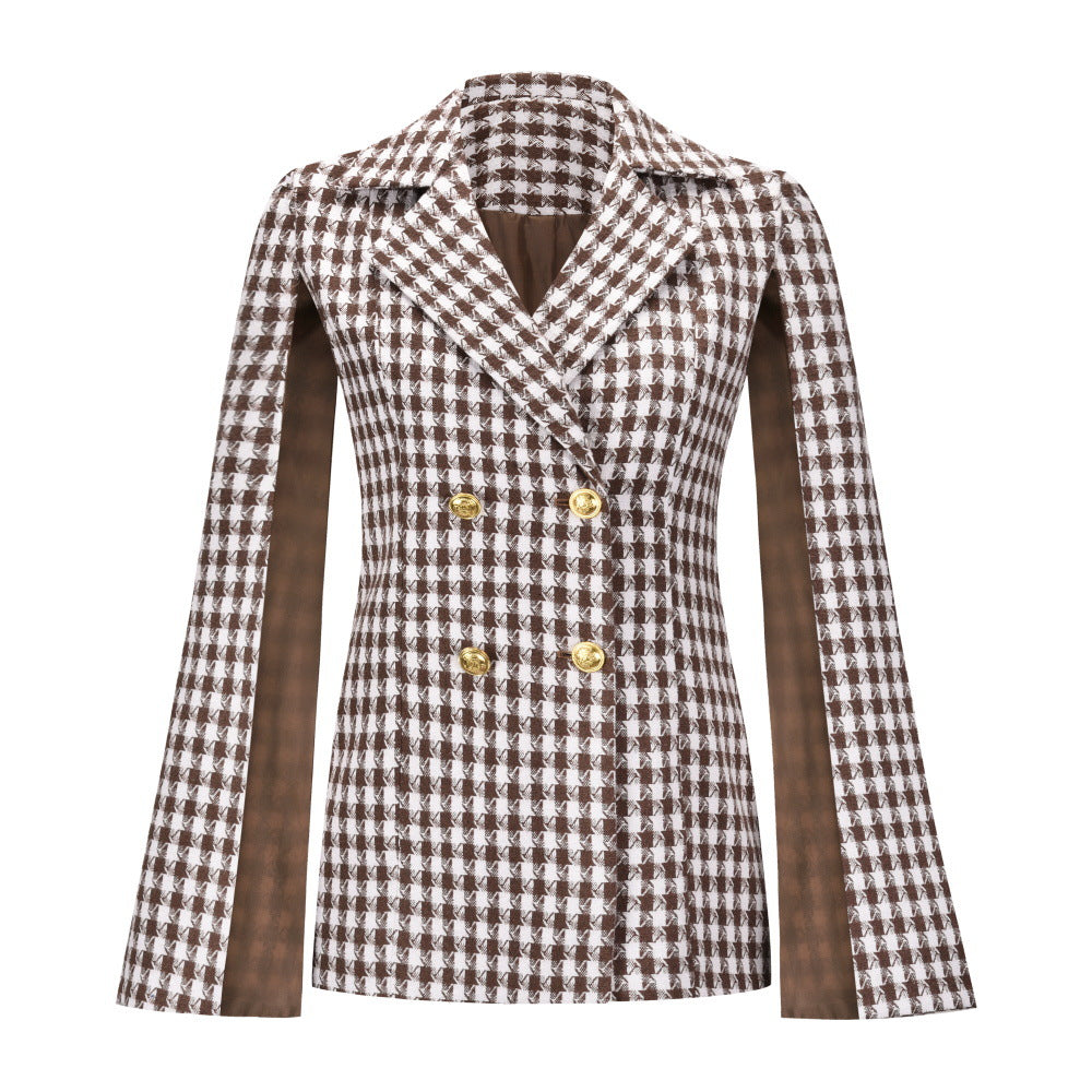 Houndstooth check double-breasted shawl jacket in black and white from M Chic Boutique, featuring a stylish collar and pockets.