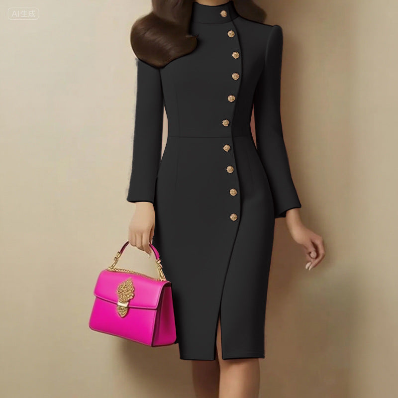 Collar Slim Fit Metal Button Split Dress