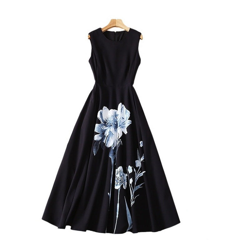 Thin Black Flower Swing French Dress