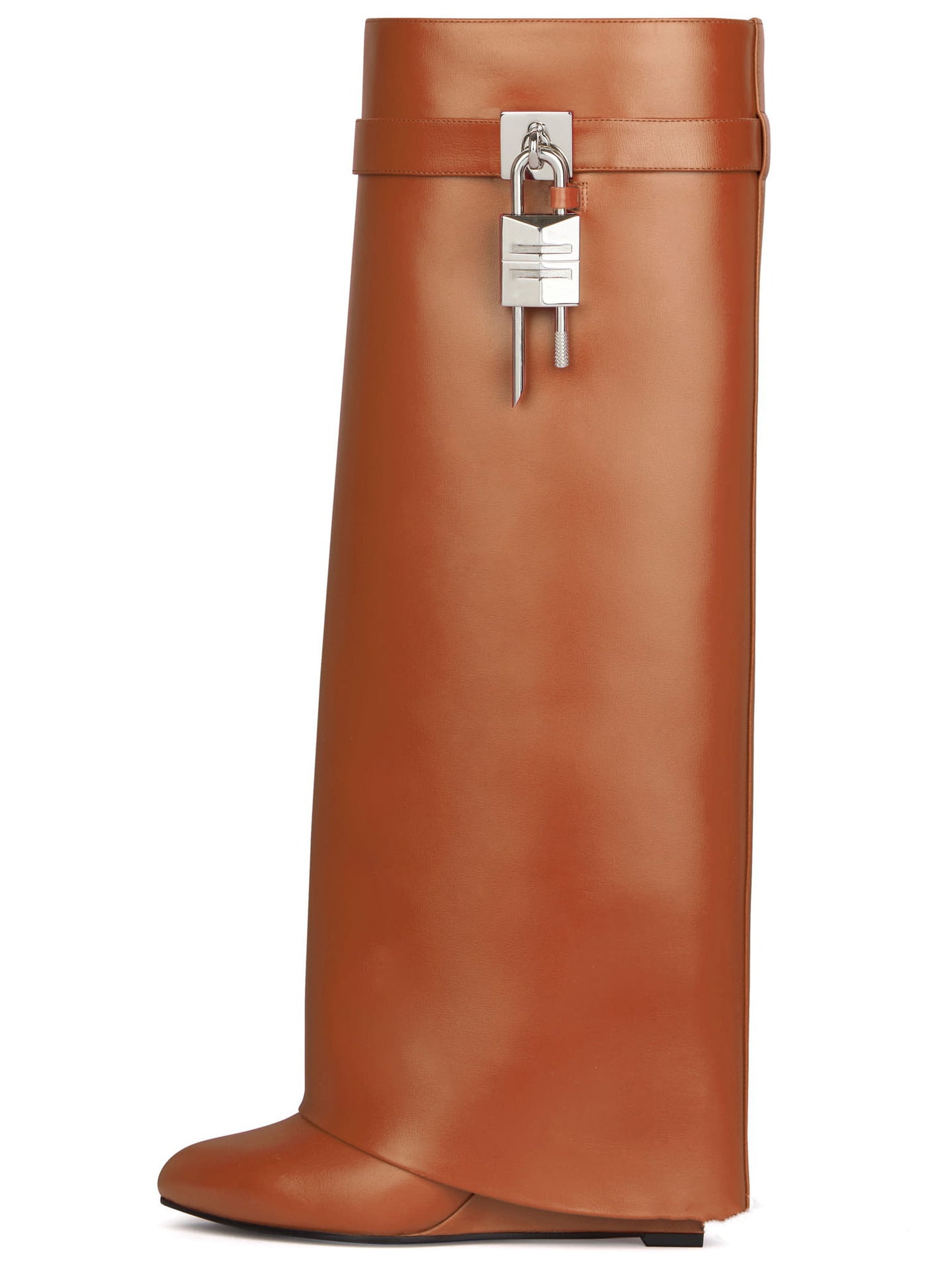 M Chic Boutique Lock Wedge Boots, stylish shoes with high wedge heels and ankle-length design, shown in the image.