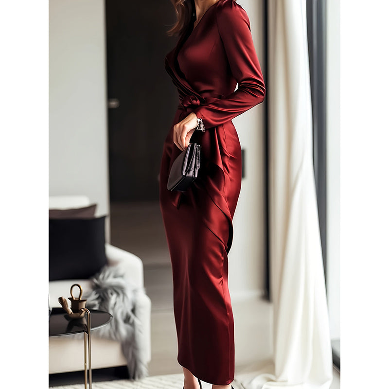 Satin Midi Dress Elegant V-Neck