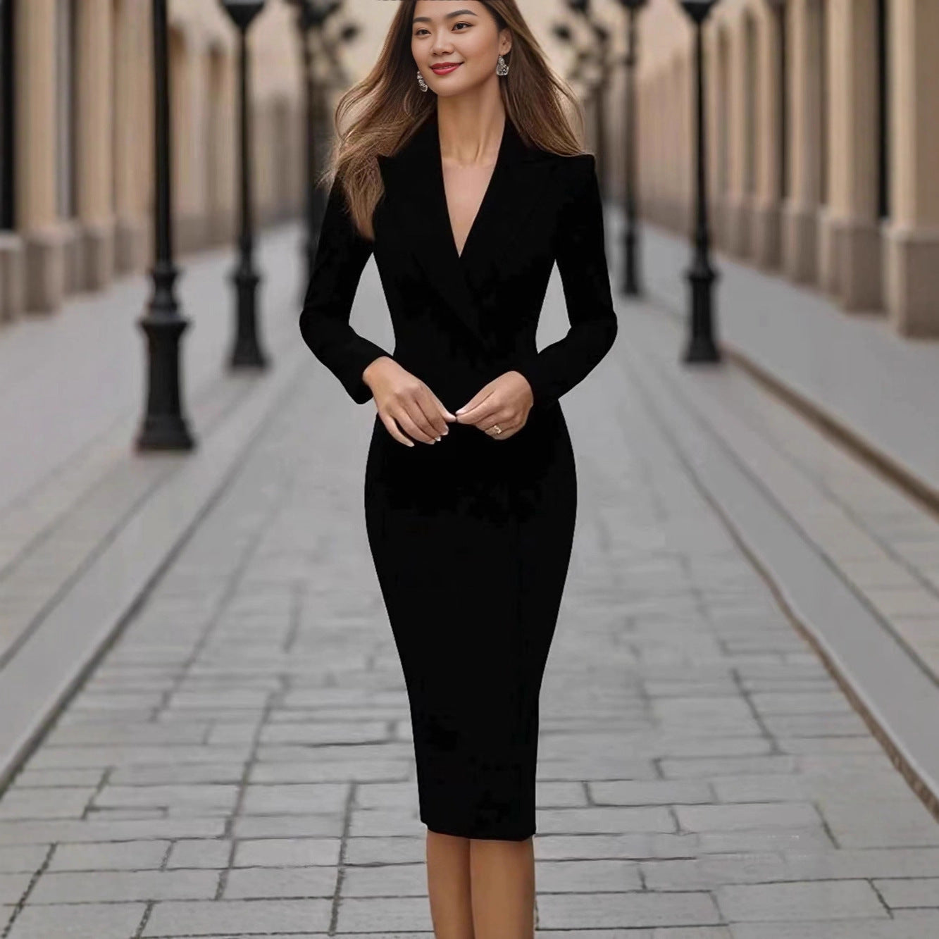 Single-breasted Long Sleeve Coat Dress
