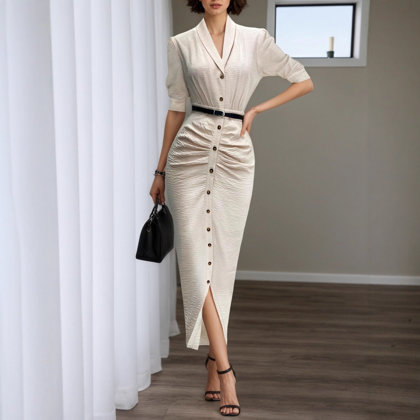 Short-Sleeve Belted Pleated Shirt Dress