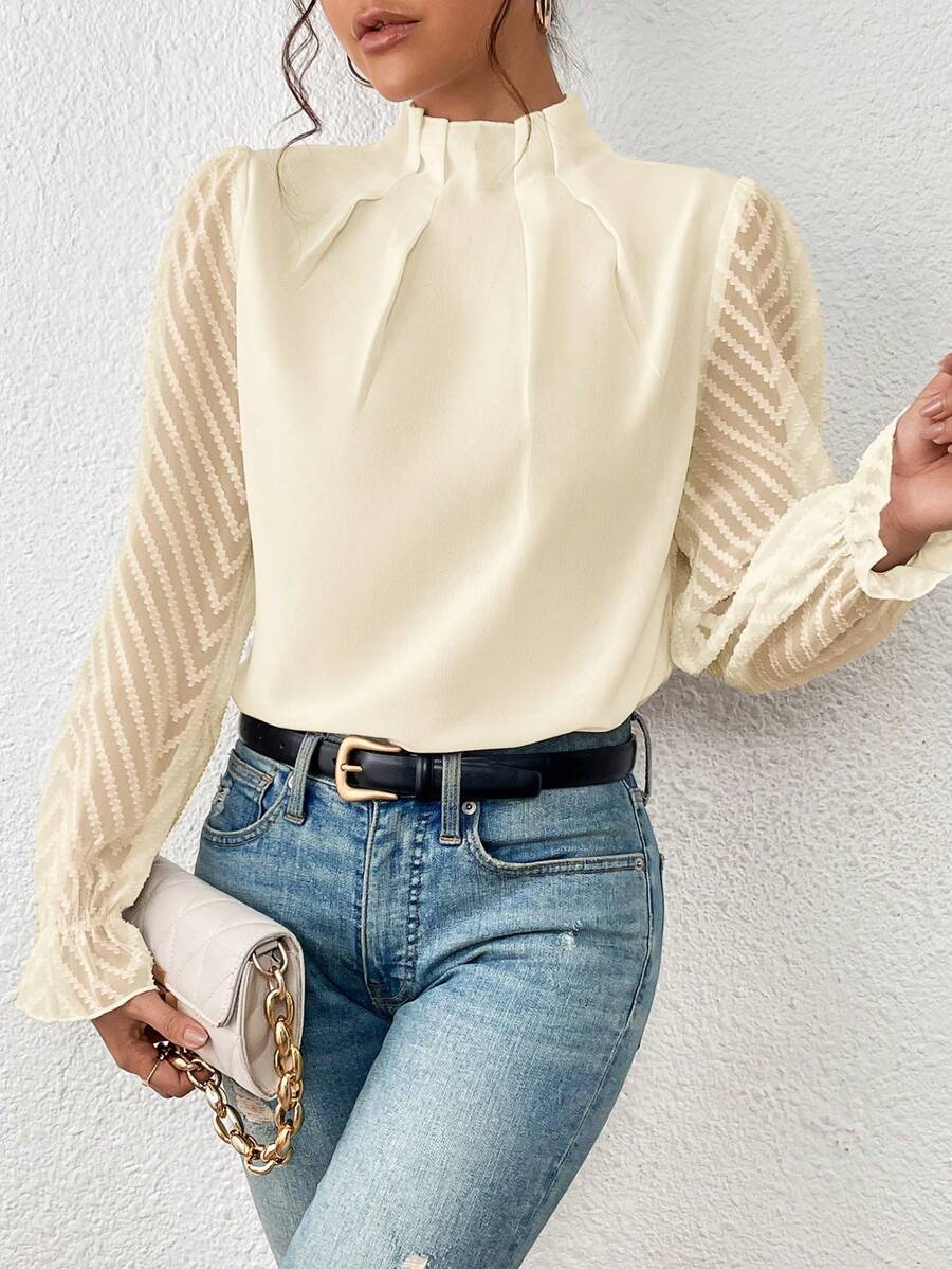 Half-turtleneck Stitching Wavy Chiffon Top