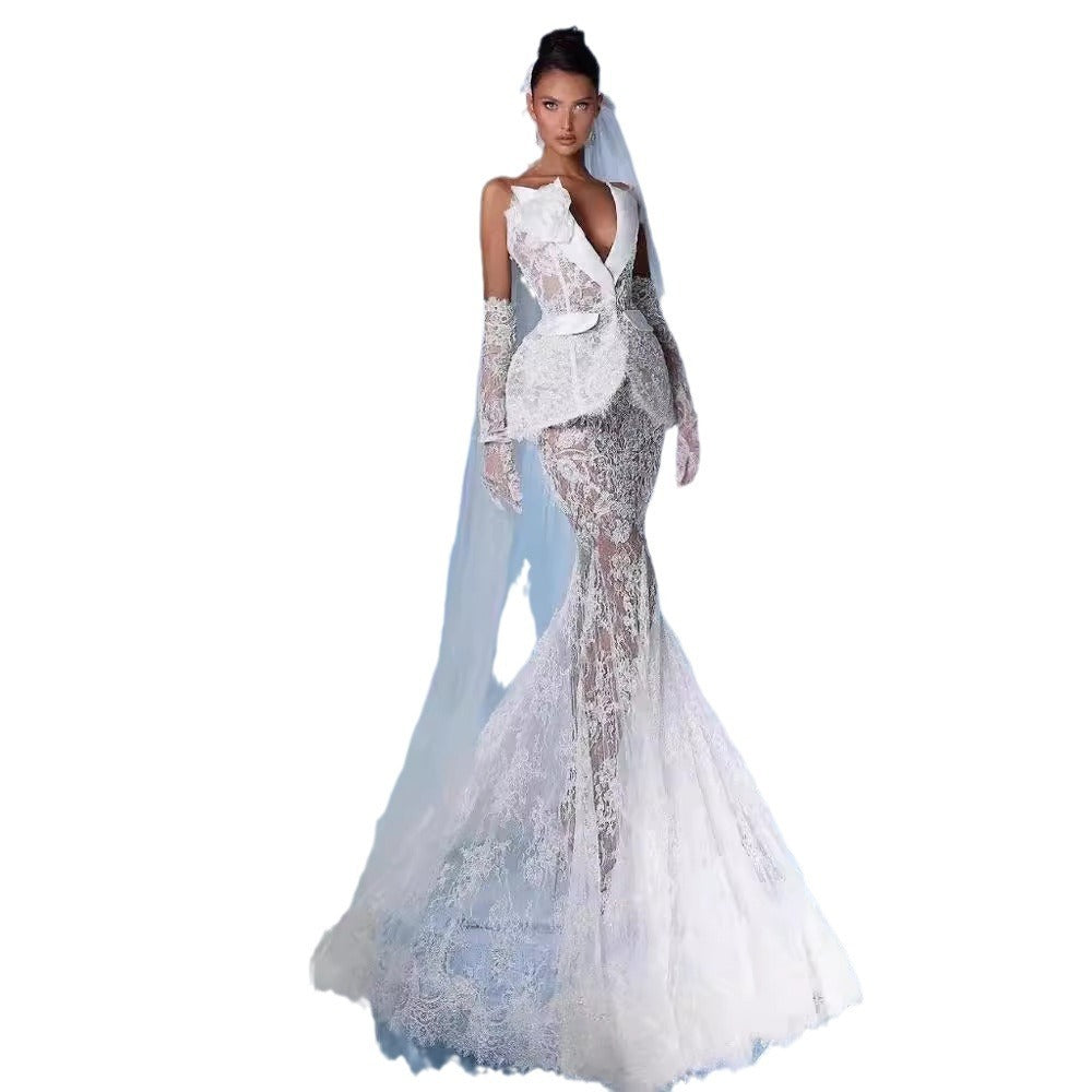 Suit Collar Sequined Lace Stitching High Waist Long Fishtail Skirt