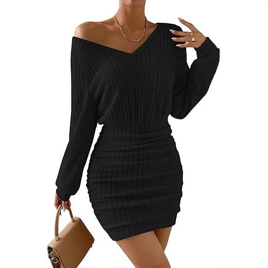 Solid Color And V-neck Mini Dress
