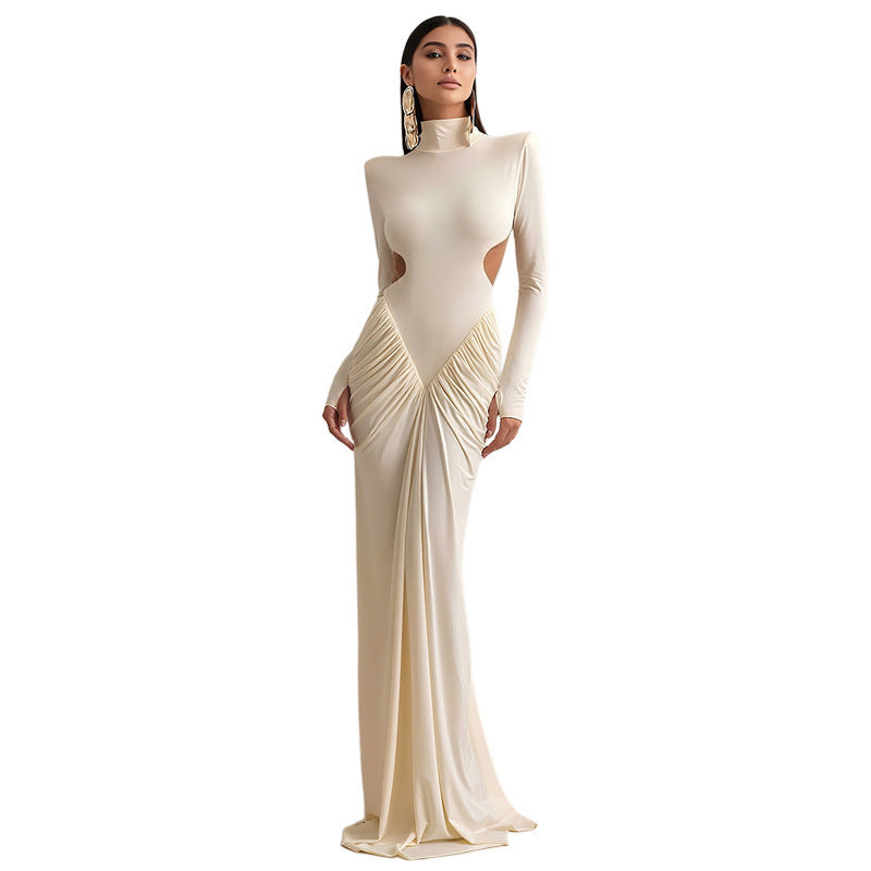 Long Sleeve High Collar Backless Dress