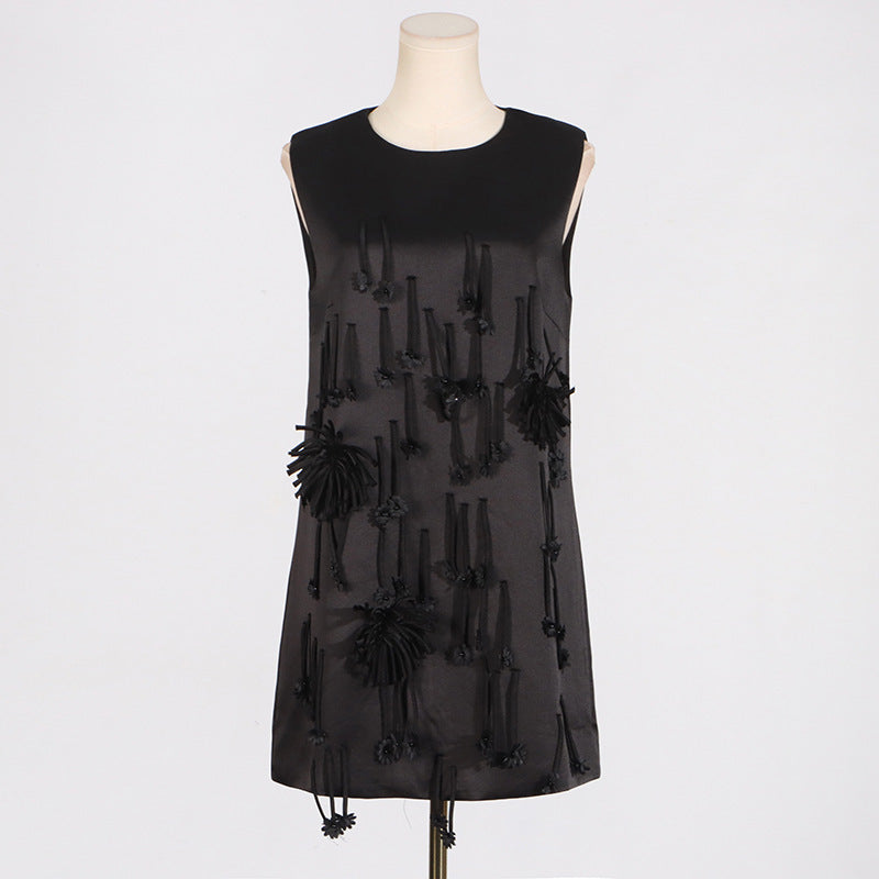 Stitching Tassel Flower Design Sleeveless Dress