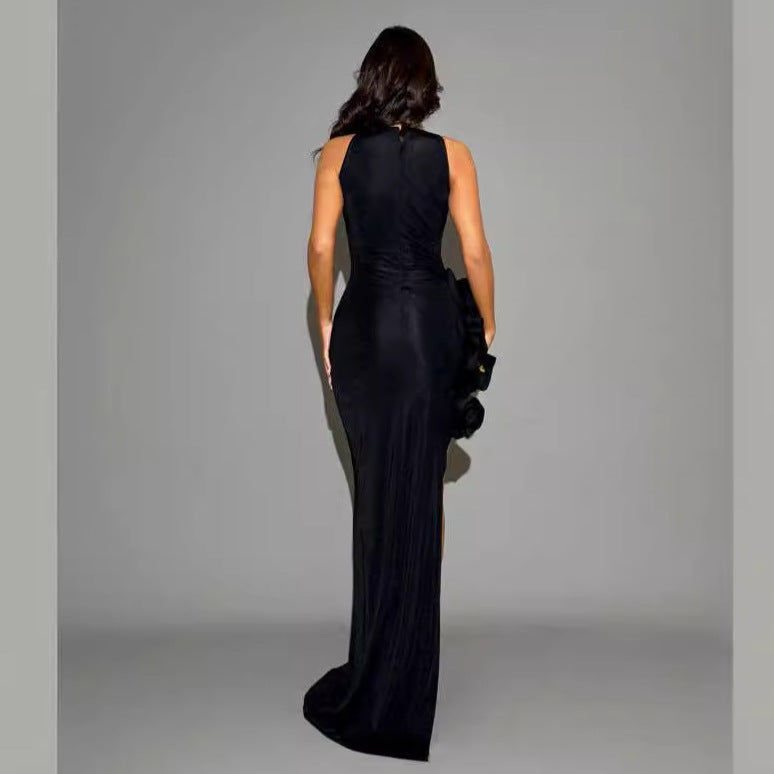 Three-dimensional Flowers Slit Black Dress
