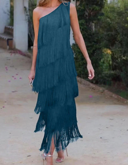 Solid Color Diagonal Multi-layer Tassel Dress