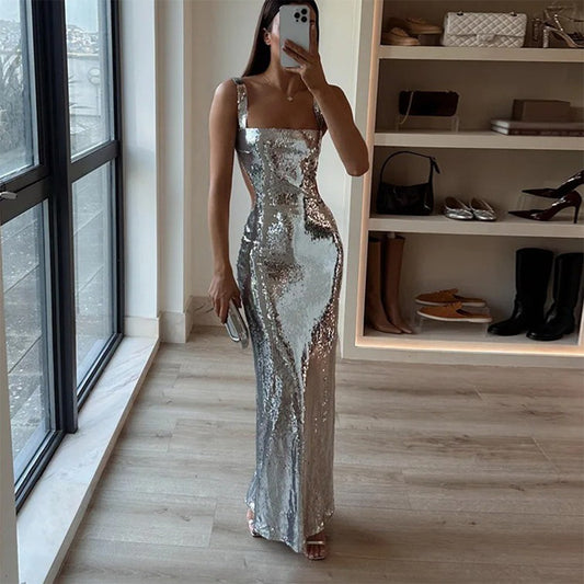 French High Feeling Silver Sequins Halter Sheath Dress