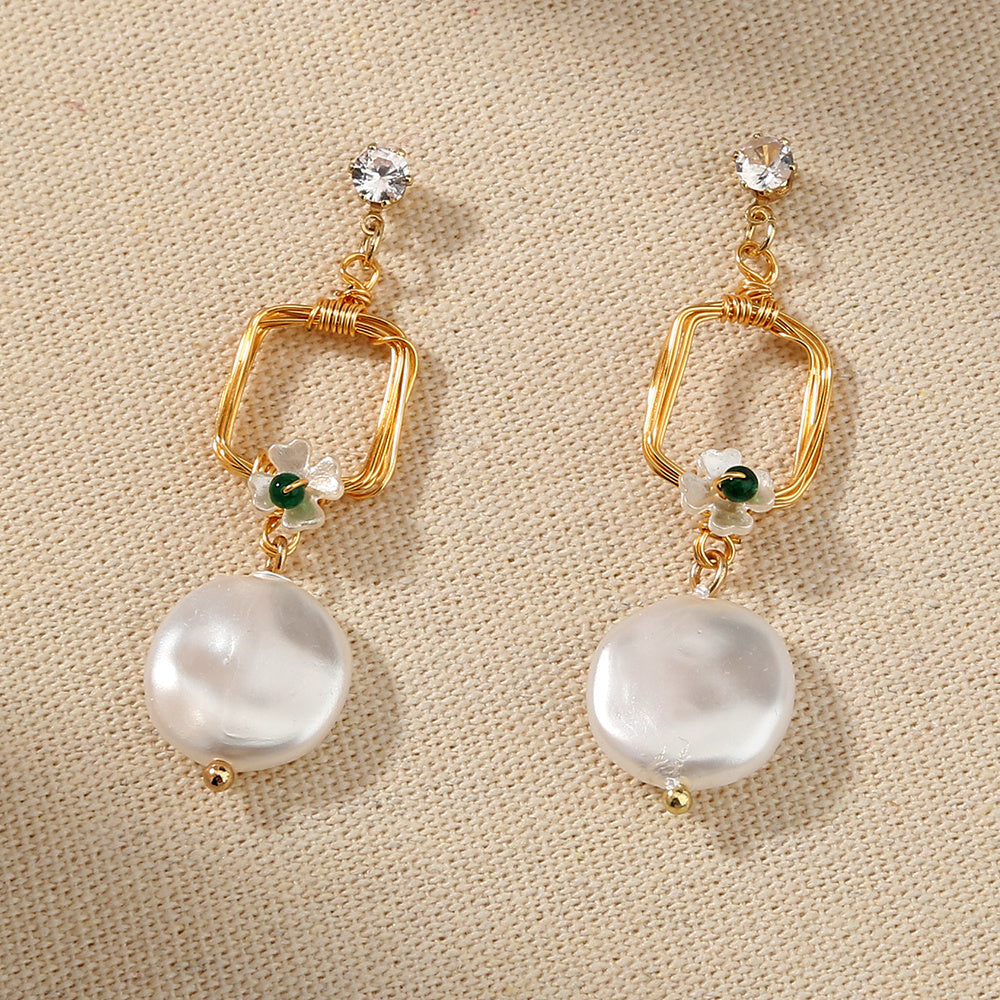 Long geometric baroque pearl earrings