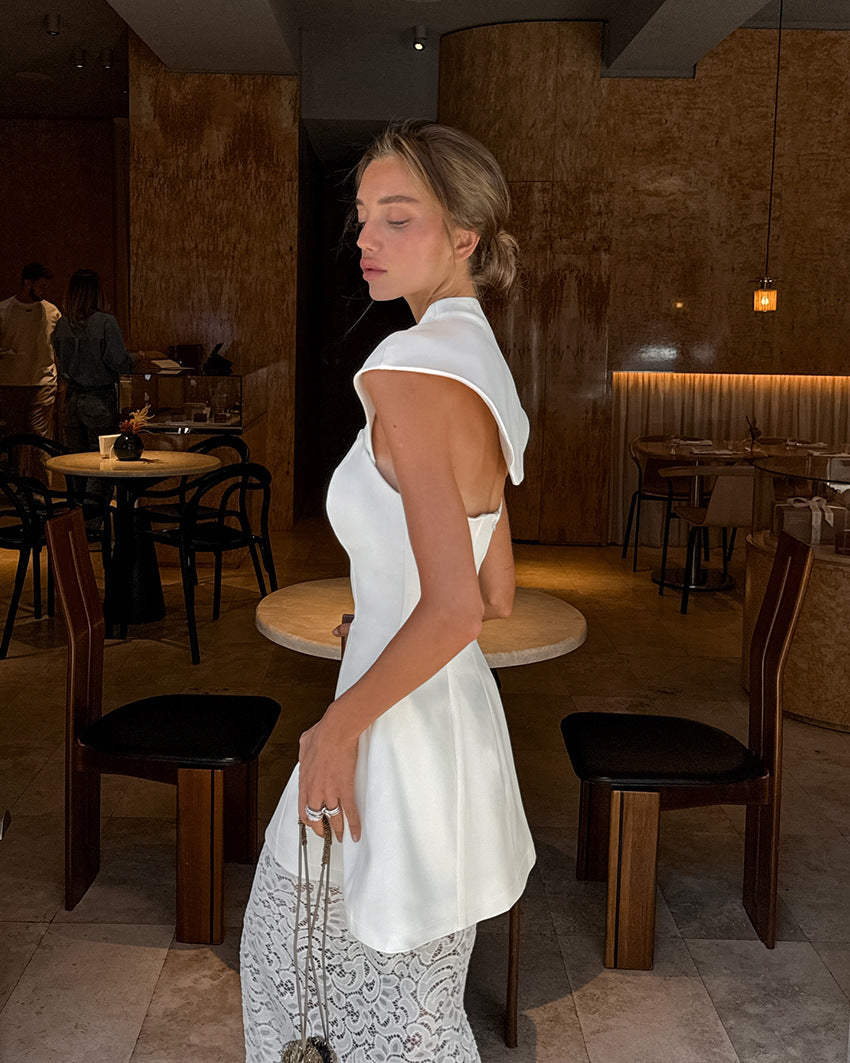 Two-piece Set- Irregular Strapless Top And White Lace Skirt