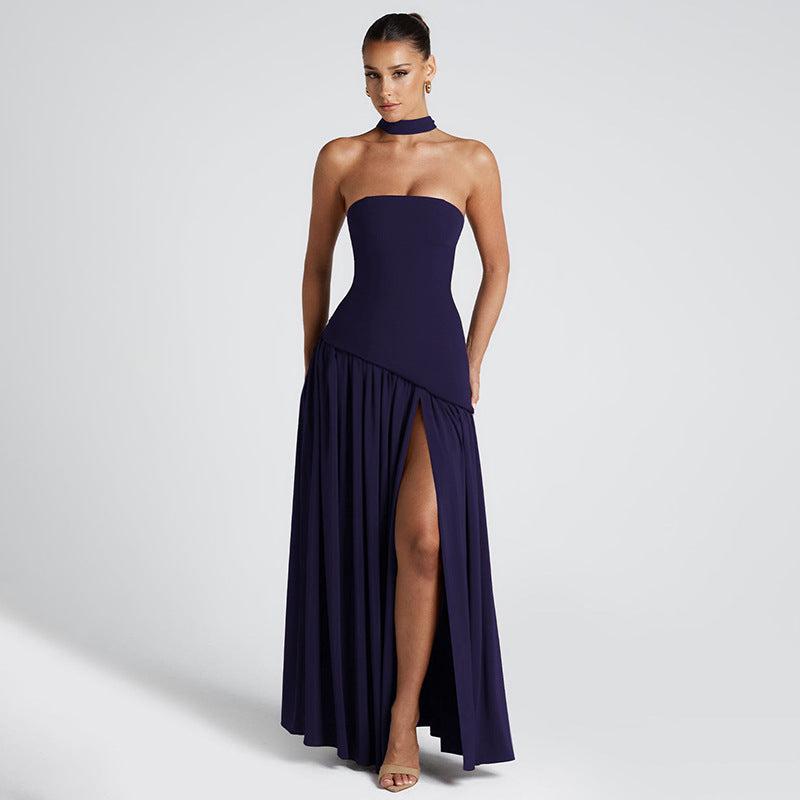 Pure Color Split Backless Elegant Dress