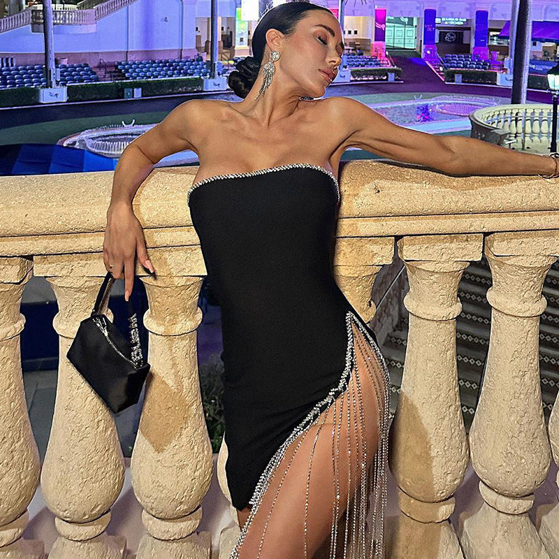 Solid Color Tassel Split Dress