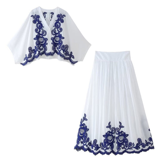 Solid Embroidery Shirt Skirt Suit