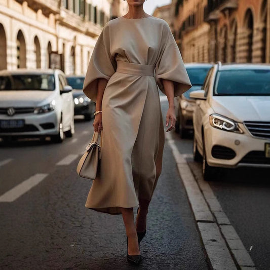 Waist-tighted Solid Color Elegant Dress