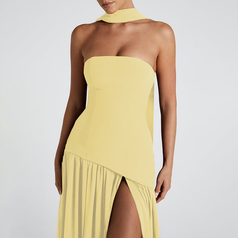 Pure Color Split Backless Elegant Dress