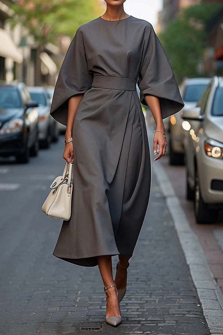Waist-tighted Solid Color Elegant Dress