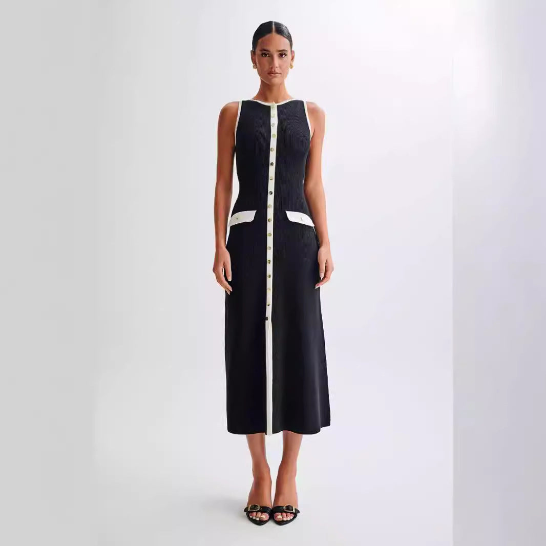 Knitted Elegant Sleeveless Button Long Dress