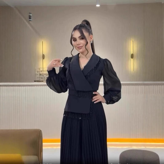 Mesh Tassel Pleated Suit