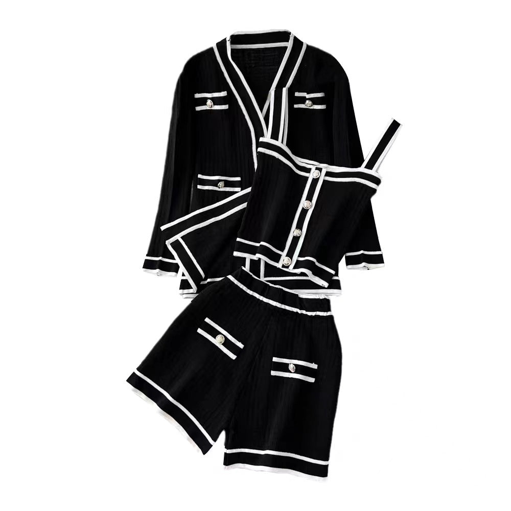 Contrast Elegant Socialite V-neck Knitted Cardigan Suit
