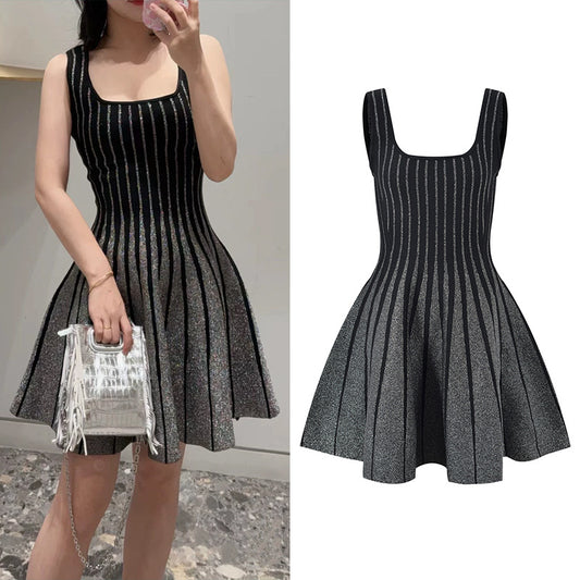 French Style Socialite Vertical Stripes Knitted Skirt